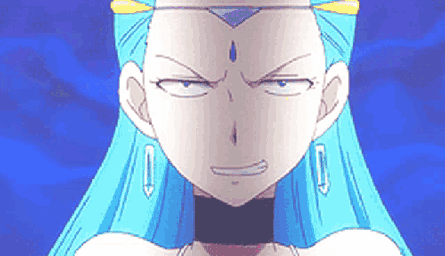a close up of a blue haired anime character