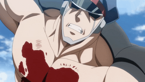 a man with a helmet on has a bloody wound on his chest