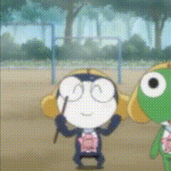 a cartoon character with glasses is standing next to a green cartoon character