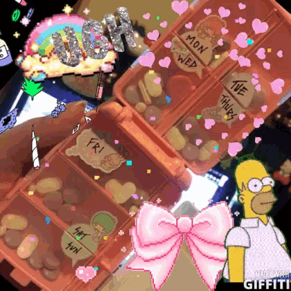 a cartoon of homer simpson holding a pill box with the days of the week on it