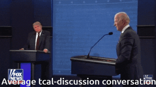 two men standing at a podium with the words average tcal-discussion conversation above them