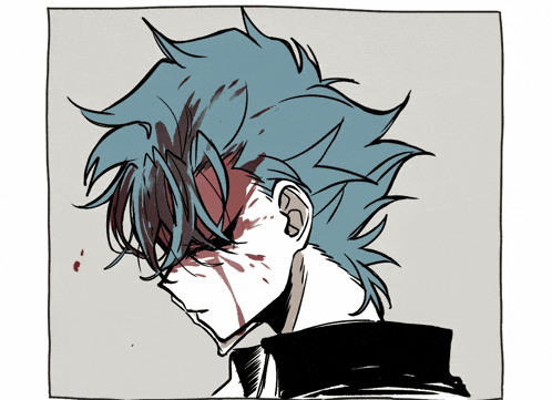 a drawing of a person with blue hair and blood on his face