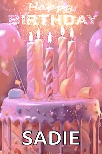 a pink birthday cake with candles and the name sadie on it
