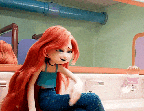 a doll with red hair is sitting in front of a bathroom mirror