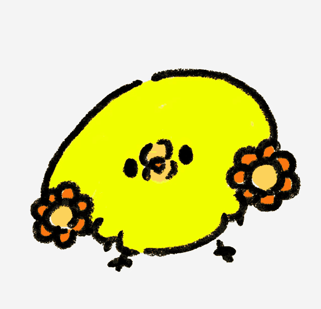 a drawing of a yellow object with orange flowers on its legs