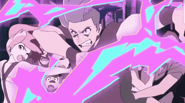 a cartoon of a man and woman fighting with a purple lightning bolt in the background