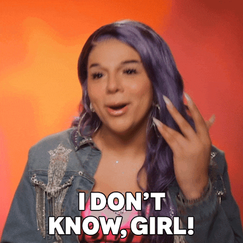 a woman with purple hair is saying i don 't know girl