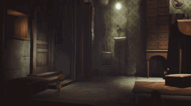 a dimly lit room with a dresser and a sink