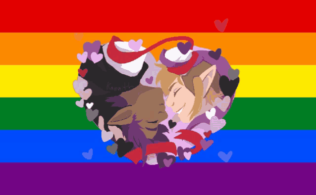 a rainbow flag with a heart shaped drawing of a couple