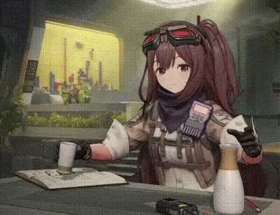 a girl is sitting at a table holding a cup of coffee and a bottle .