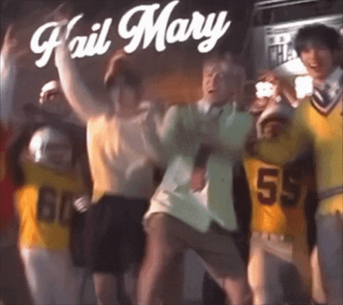 a group of people are dancing in front of a banner that says fail mary