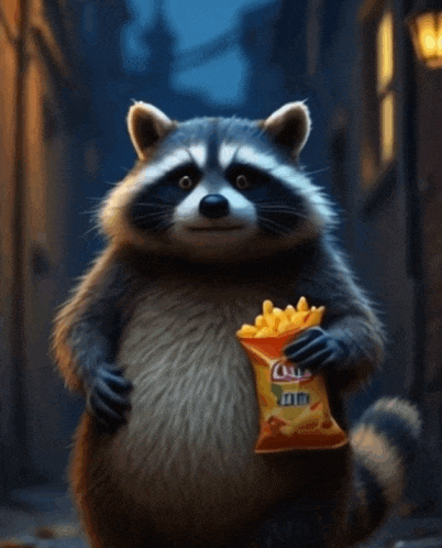 a raccoon is holding a bag of chips that says lays