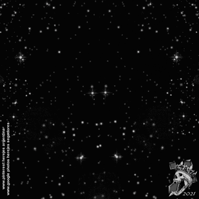 a black background with white stars and a skull with a crown on it