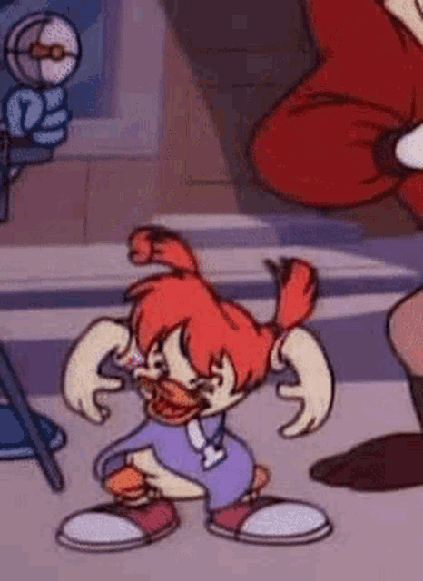 a cartoon character with red hair is standing in front of a clock