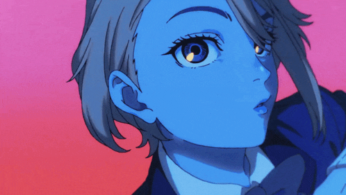 a close up of a person 's face with a blue background