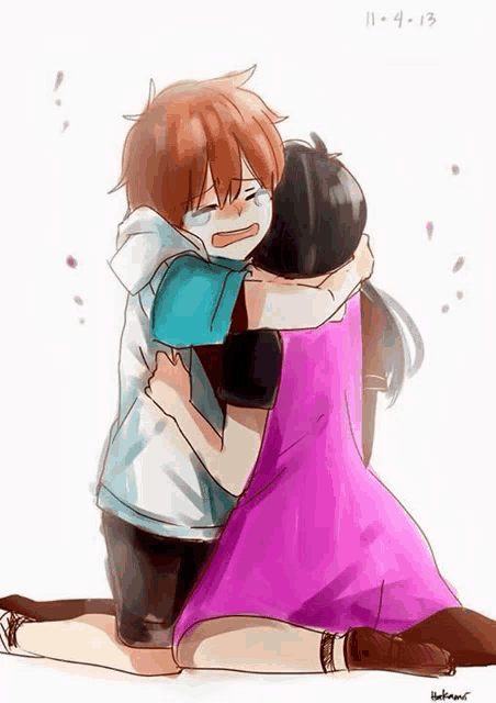 a girl in a purple dress is hugging a boy in a blue shirt who is crying