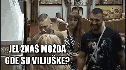 a group of people are standing in a room with the words jel-znas mozda gde su viljuske