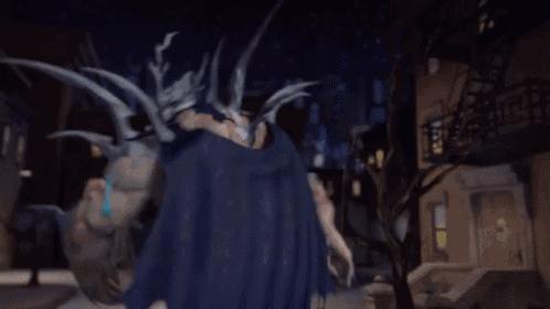a person with blue hair is walking down a street