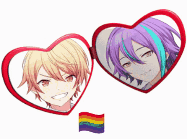 two anime characters in heart shaped frames with a rainbow flag between them