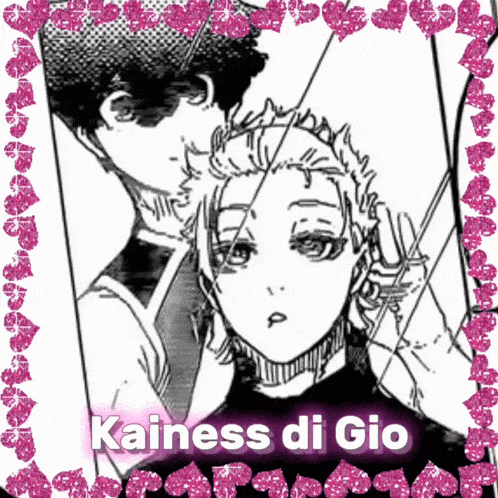 a black and white drawing of a man kissing a woman with the name kainess di gio written below it