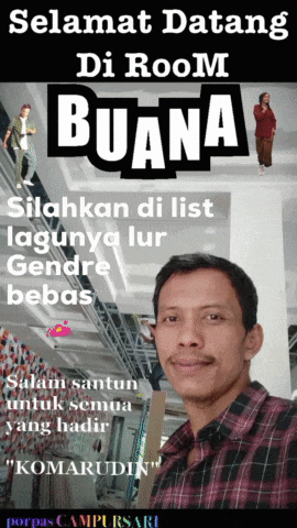 a man stands in front of a poster that says selamat datang di room buana