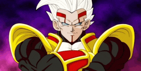 a cartoon character with white hair and red stripes on his face is standing in front of a purple background .