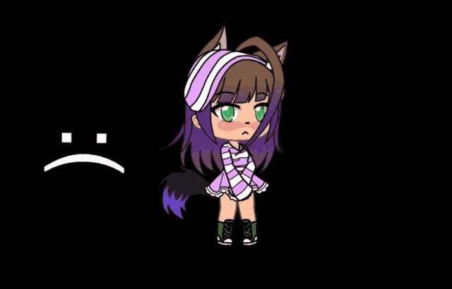 a girl with purple hair is standing in front of a sad face on a black background