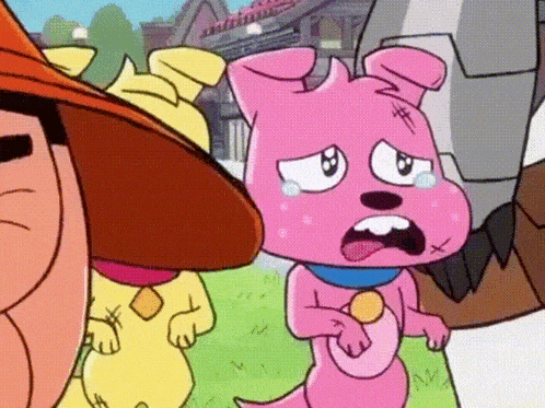 a pink cartoon dog is crying while standing next to a man in a hat