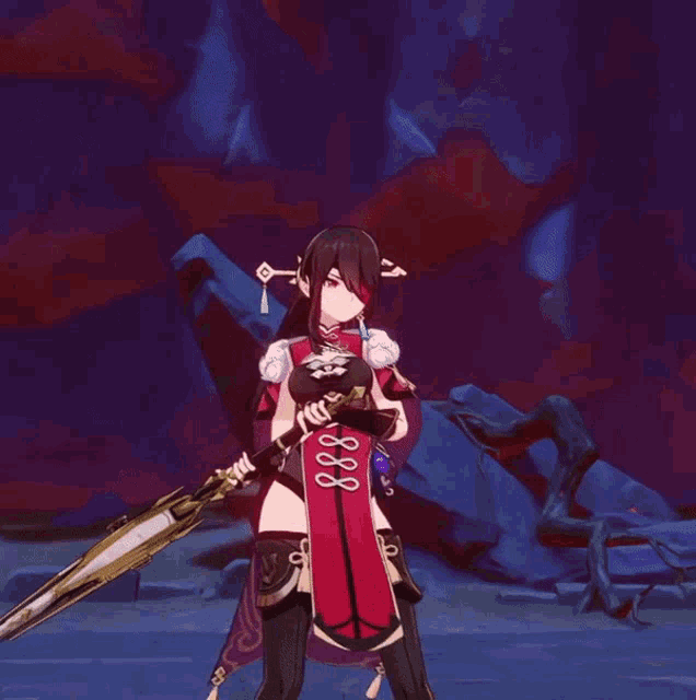 a video game character with a red dress and black knee high socks