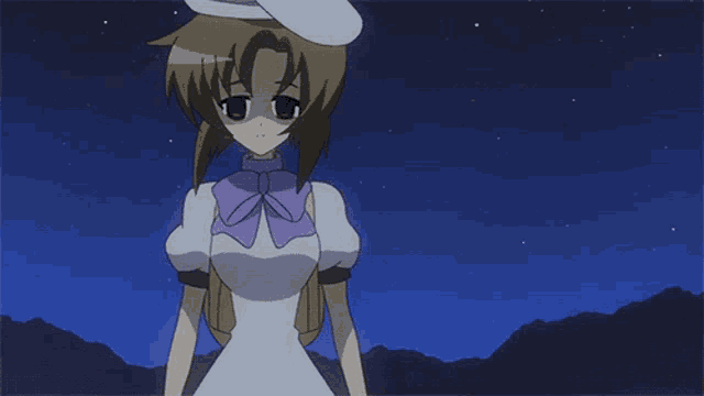 a girl in a white dress with a purple bow is standing in front of a starry night sky