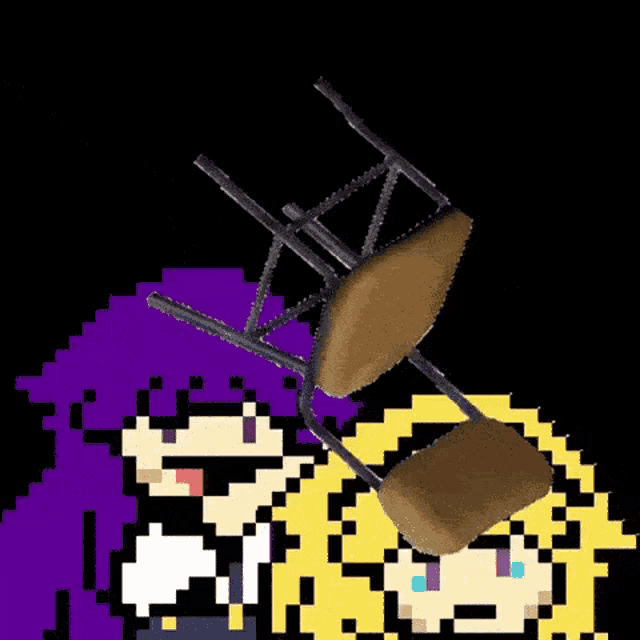 a pixel art of a boy holding a chair over his head .