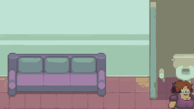 a pixel art of a woman sitting next to a couch and a toilet