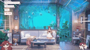 a girl in a pink dress is standing in a living room with bubbles coming out of the window