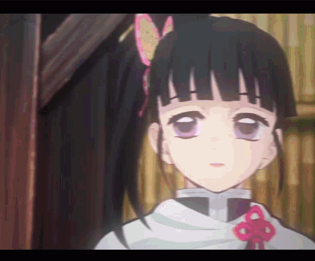 a black haired anime girl with purple eyes