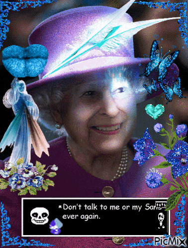 a picture of queen elizabeth is surrounded by blue flowers