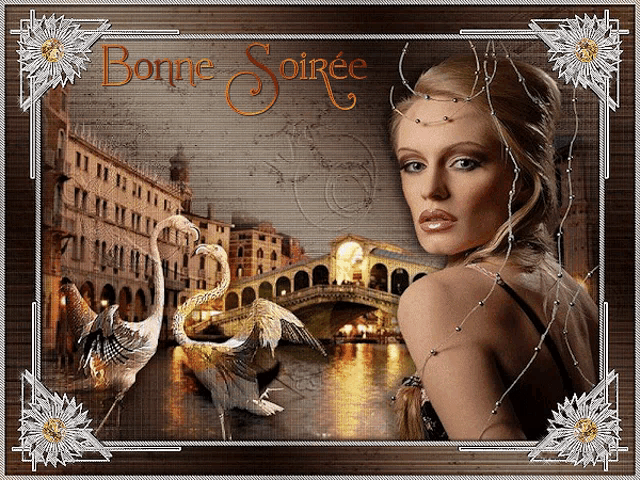 a picture of a woman with swans and the words bonne soiree on the bottom