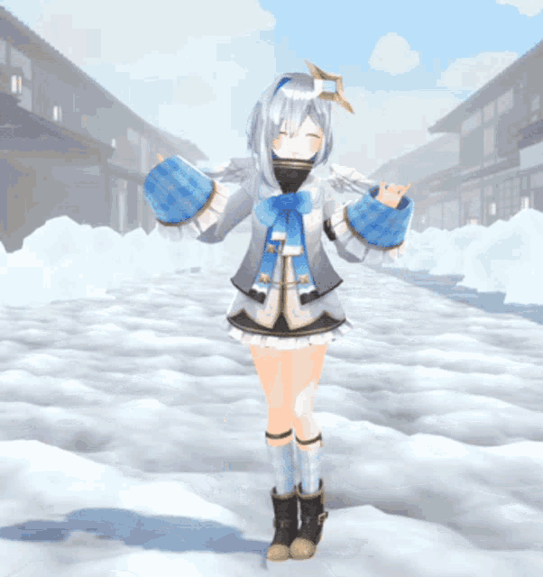 a cartoon character is standing in a snowy area with her arms outstretched