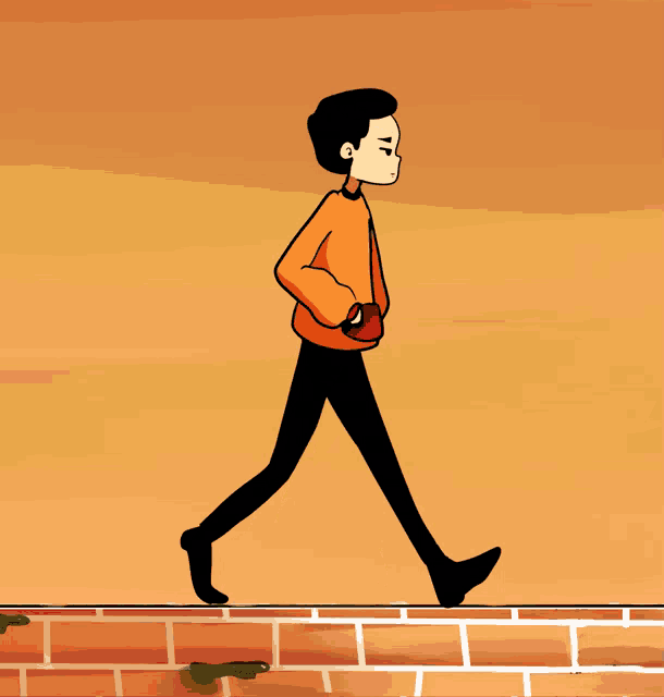 a cartoon drawing of a man walking on a brick wall