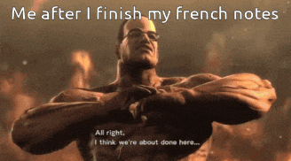 a man with his arms outstretched and the words me after i finish my french notes above him