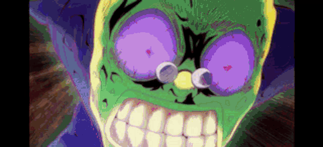 a cartoon of a green skull with purple eyes and teeth