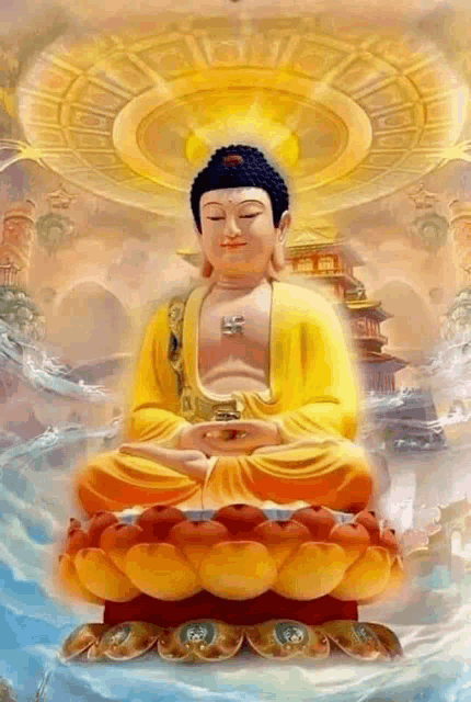 a painting of a buddha sitting on a lotus flower in a temple .