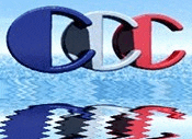a red , white , and blue logo with a reflection in the water .