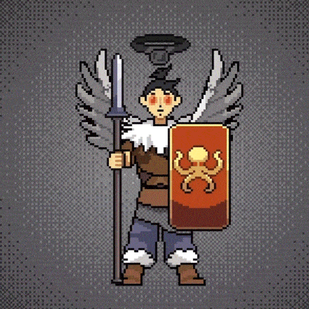 a pixel art of a man with wings holding a sword and shield .