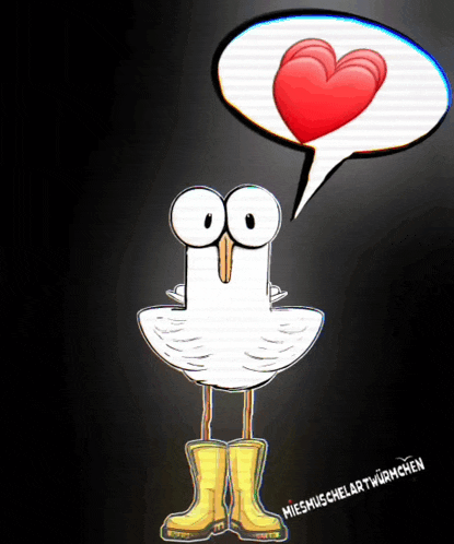 a cartoon of a bird wearing yellow boots and a heart in a speech bubble