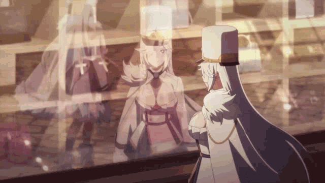 two anime characters are standing in front of a mirror