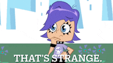 a cartoon of a girl with purple hair and the words that 's strange