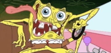 a cartoon of spongebob squarepants driving a car with his tongue out .