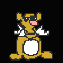 a pixel art drawing of a dog holding a white object