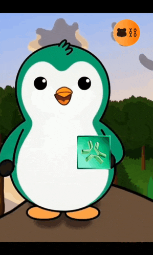 a cartoon penguin is holding a piece of ice in its paws