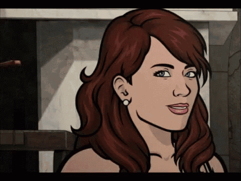 a cartoon drawing of a woman with red hair and pearl earrings